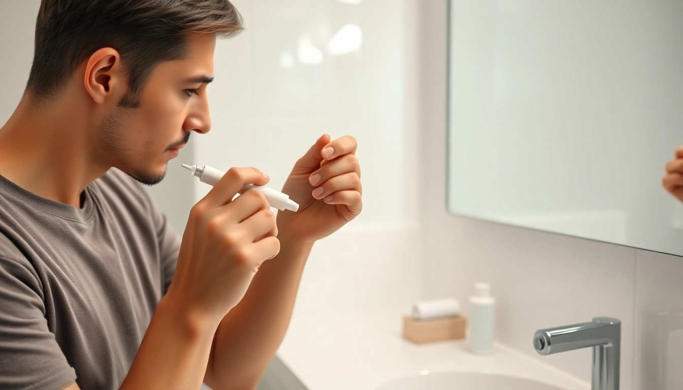 Learn how to use laser pen for skin tag removal in a modern bathroom.