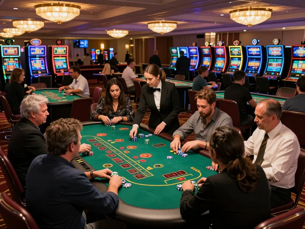 Sunwin players engage in intense blackjack gameplay at a vibrant casino floor.