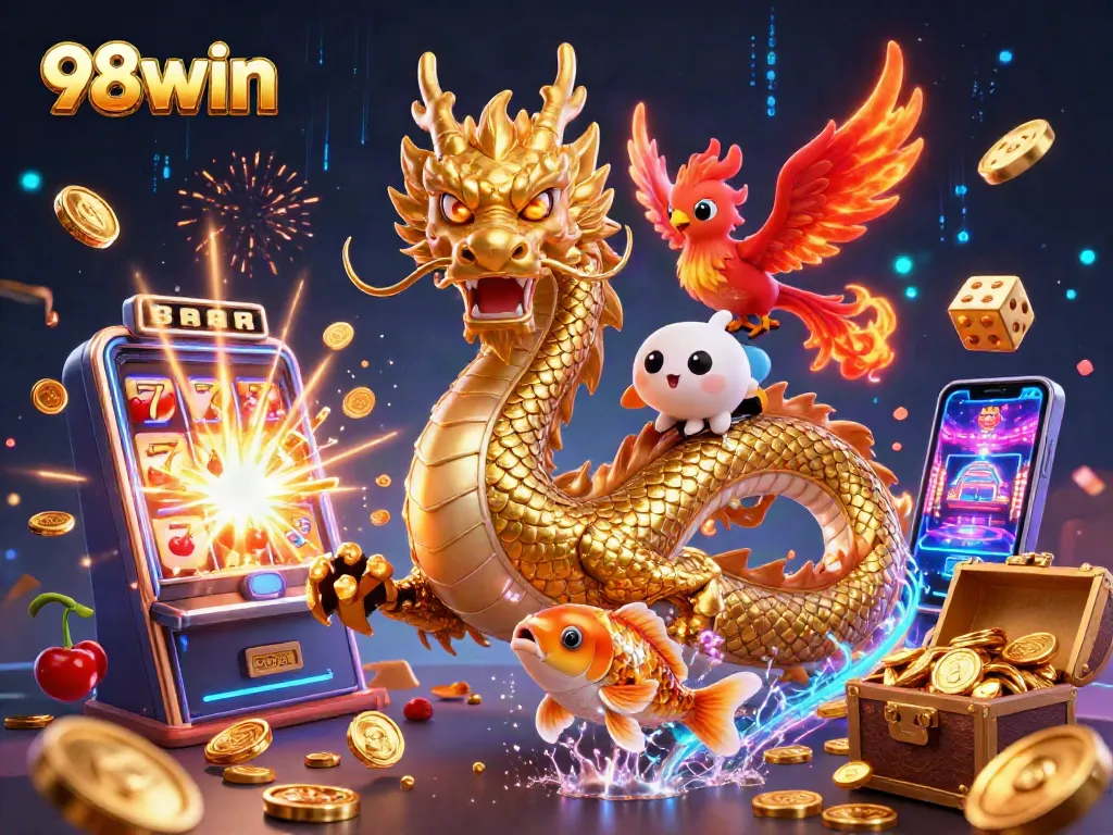 Experience thrilling wins with 98win's vibrant casino scene featuring a dragon, phoenix, and koi fish.
