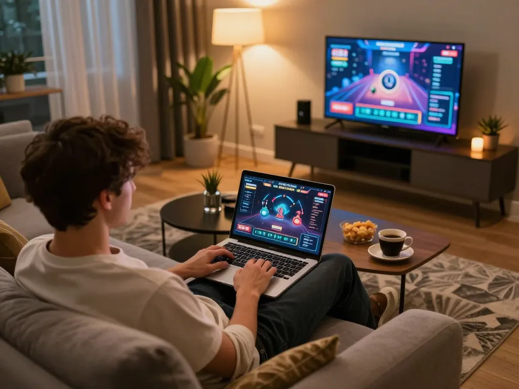 Engaged player using laptop to explore Nhà cái DABET online gaming platform at home with cozy setup.
