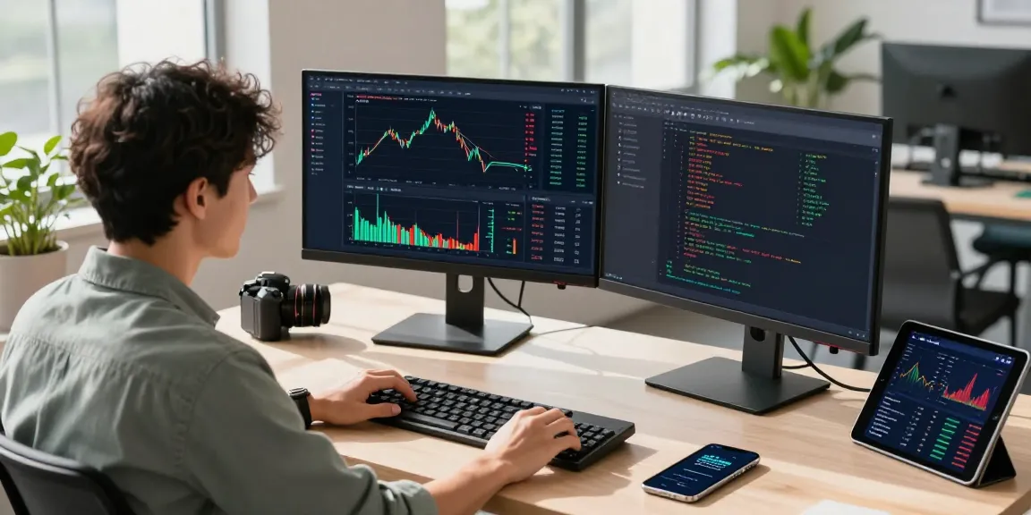 BSE live stock quote API displayed on dual monitors in a modern workspace, showcasing real-time market data and coding environment.
