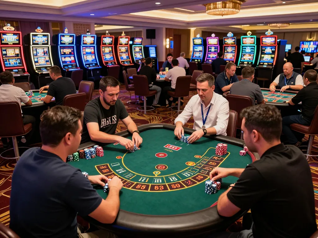The lively atmosphere of 678vip casino with players engaged in thrilling blackjack games and vibrant slot machines.