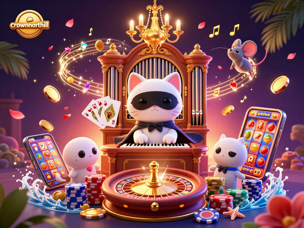 Crownnorthill showcases a vibrant 3D casino scene with a phantom cat and golden coins.
