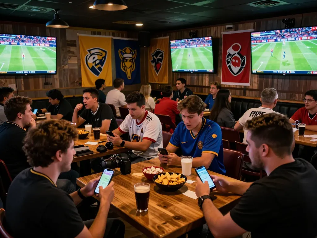 Bóng đá lu fans excitement betting on live games at a bustling sports bar during a match.