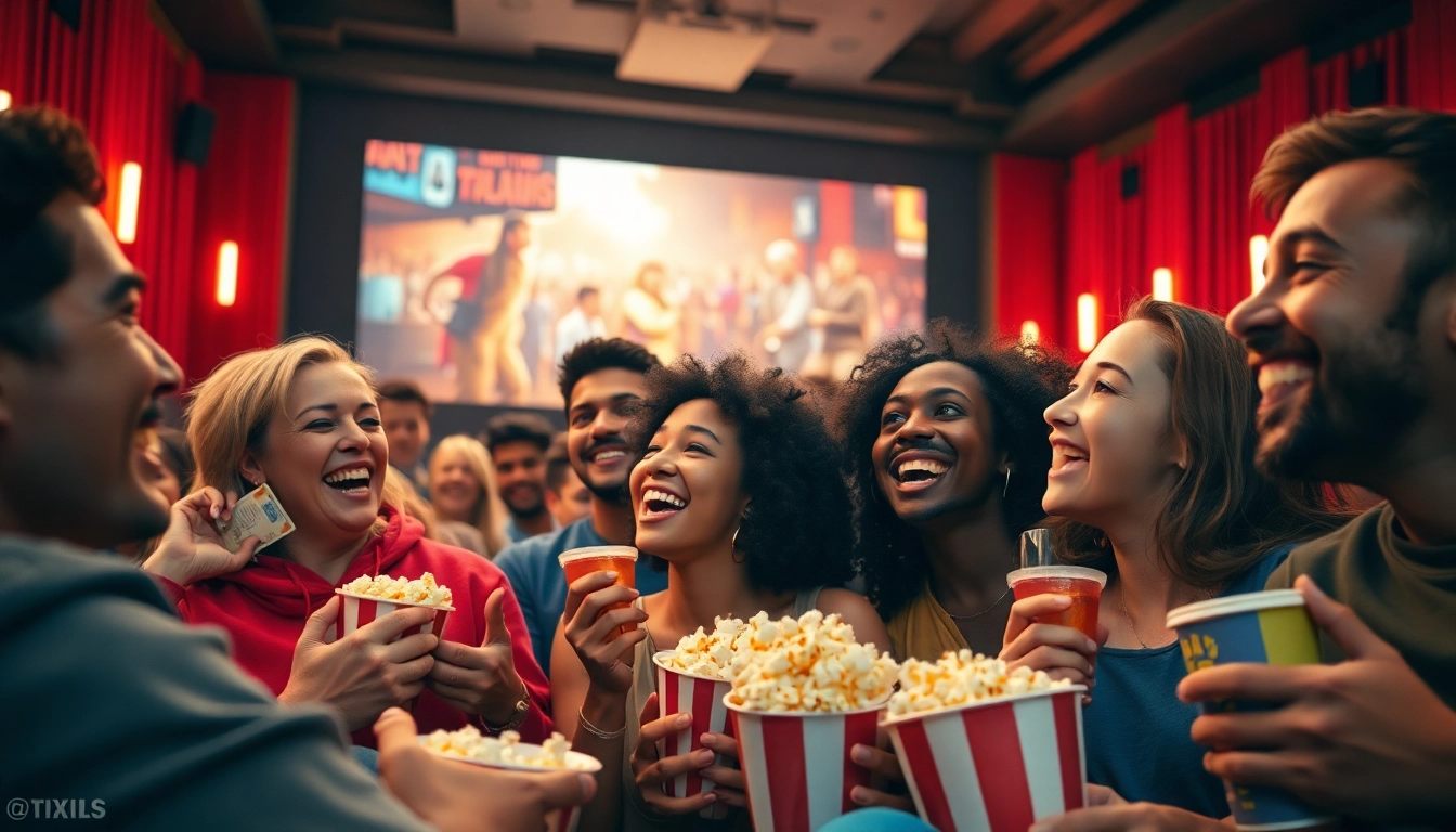 Enjoying ดูหนัง in a lively cinema setting with friends and a colorful movie screen.