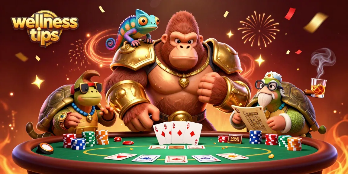 Gorilla king and tortoise elder share wellness tips at a vibrant poker table