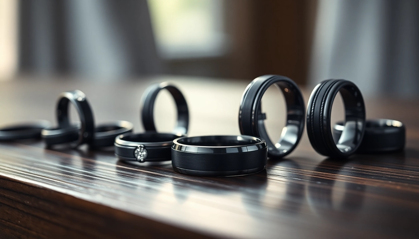 A collection of stylish black wedding rings for men showcasing unique designs and finishes.
