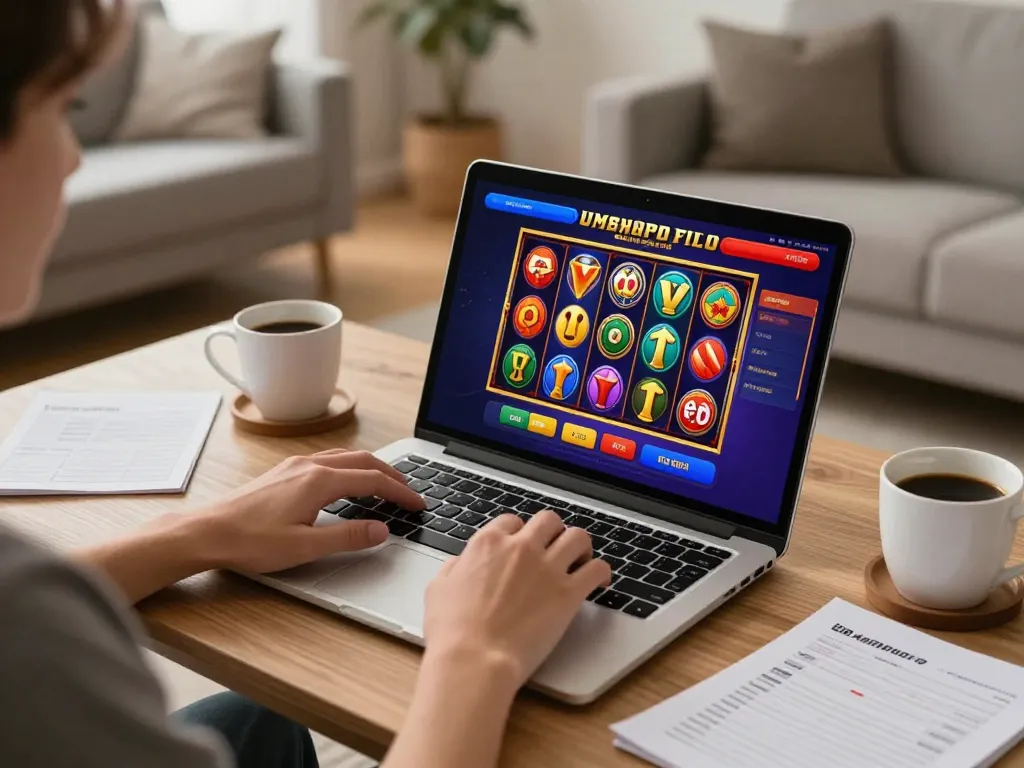 Engaged player exploring sites not on Gamstop through vibrant online casino gaming interface on a laptop.