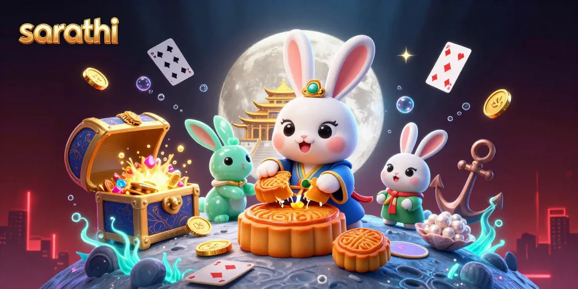 Engage with sarathi as the moon rabbit discovers poker chips in mooncakes amidst a shimmering casino scene.