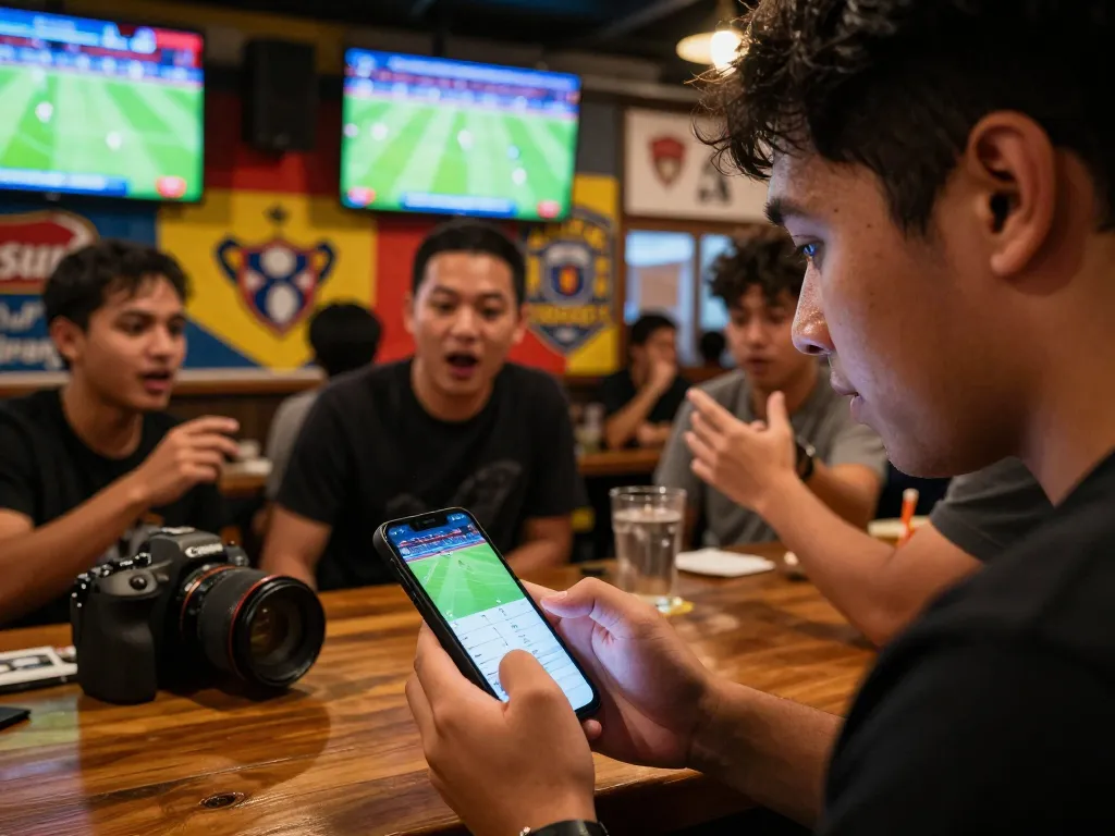 Engaging scene of a sports fan analyzing tỷ lệ kèo nhà cái trực tuyến on a smartphone during a live match.