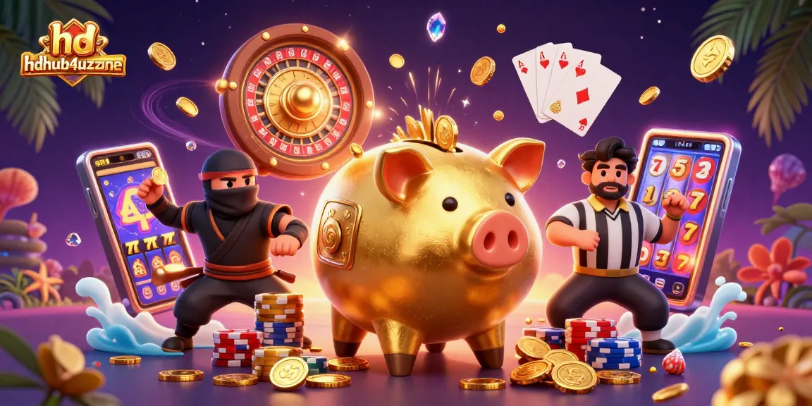 Mengguncang koin emas, karakter sumo piggy piggy dengan elemen slot mewakili hdhub4uzone dalam ilustrasi kasino.
