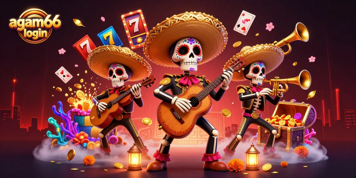Experience thrilling gaming action with the agam66 login, showcasing vibrant 3D mariachi characters amidst a jackpot scene.