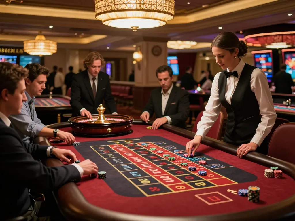 rokok88 players placing chips on a vibrant roulette table in an upscale casino setting