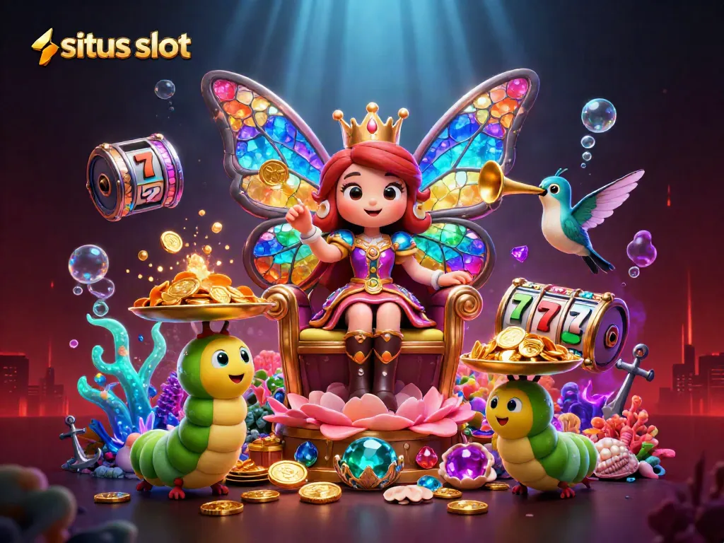 Experience the excitement of situs slot in this vibrant 3D illustration filled with jackpot elements and colorful characters.
