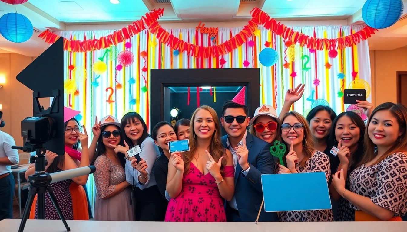 Guests enjoying a vibrant photo booth rental experience filled with joy and colorful props.