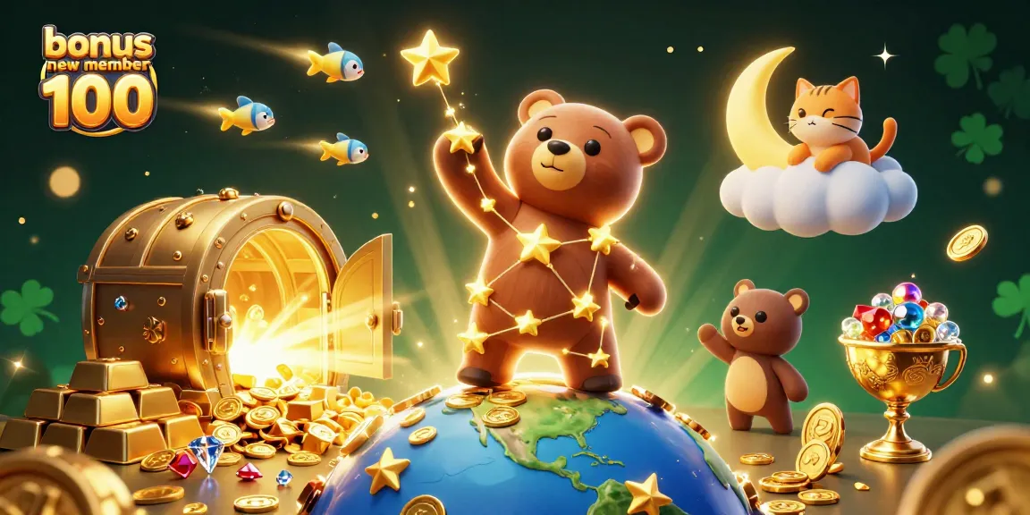 Jelajahi bonus new member 100 dengan ilustrasi kasino yang penuh harta karun dan atmosfera yang kaya.