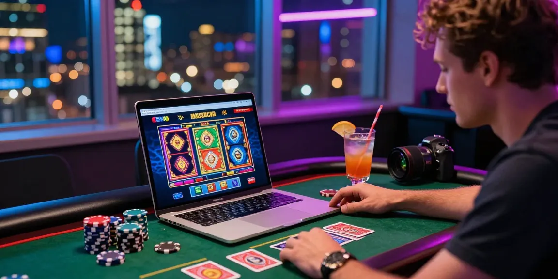 Player enjoying mastercard casino sites with colorful slots and poker chips in a lively online casino setting.