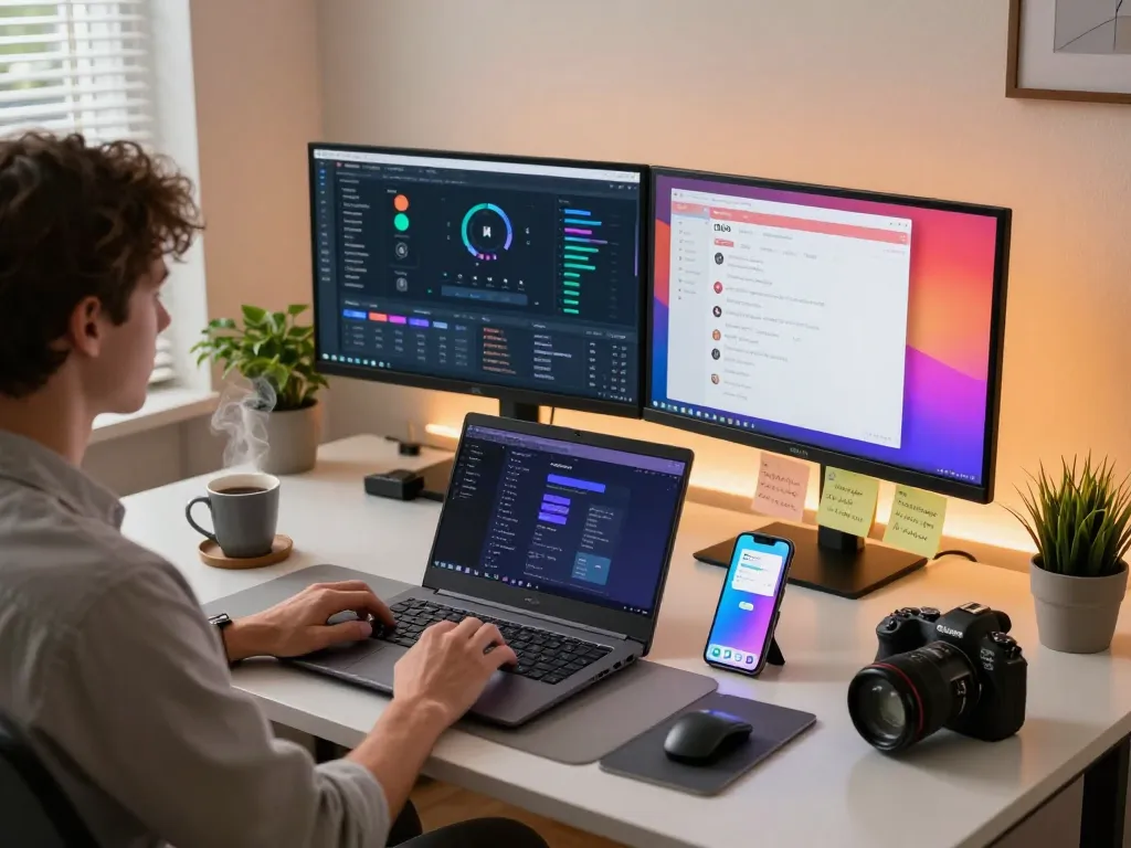 Molt bot interface displayed on a laptop in a modern home office during productive work session.