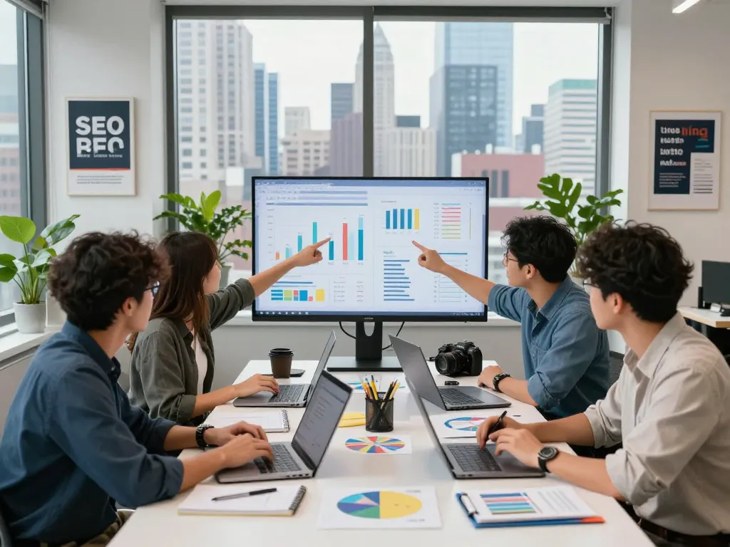 SEO Company in NYC team collaborating at a modern workspace analyzing SEO metrics and strategies.