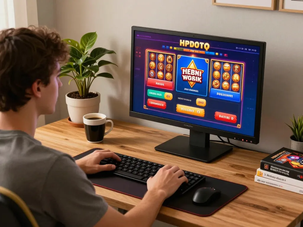 vt88 online gaming session with player enjoying slots and poker in a cozy home setting