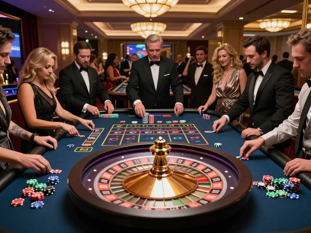 Players engaged in thrilling roulette gameplay at alexis77 live casino, vibrant colors of chips and excitement visible.