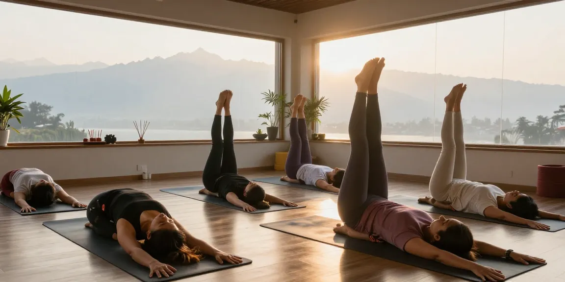Best yoga teacher training in Rishikesh India with diverse students practicing asanas in a serene studio