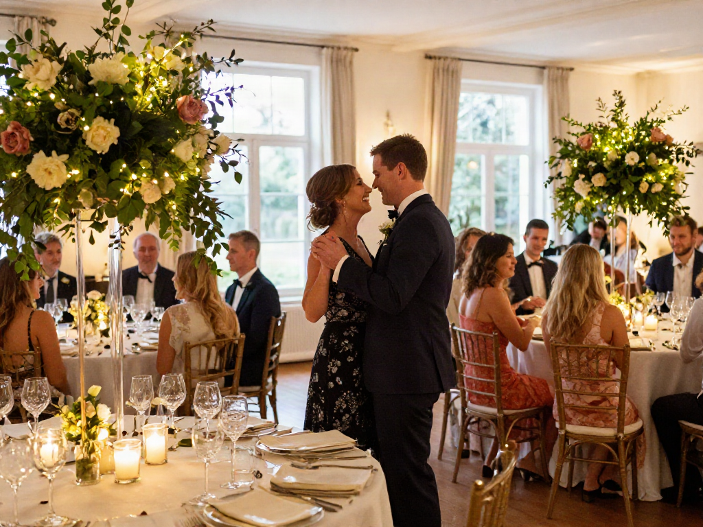 Event rentals create a magical wedding reception with elegant decor and joyful couple.