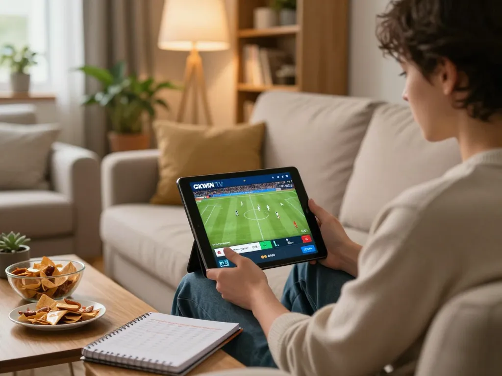 Enjoying live sports on OKWIN TV with a tablet, reflecting a responsible gambling lifestyle.