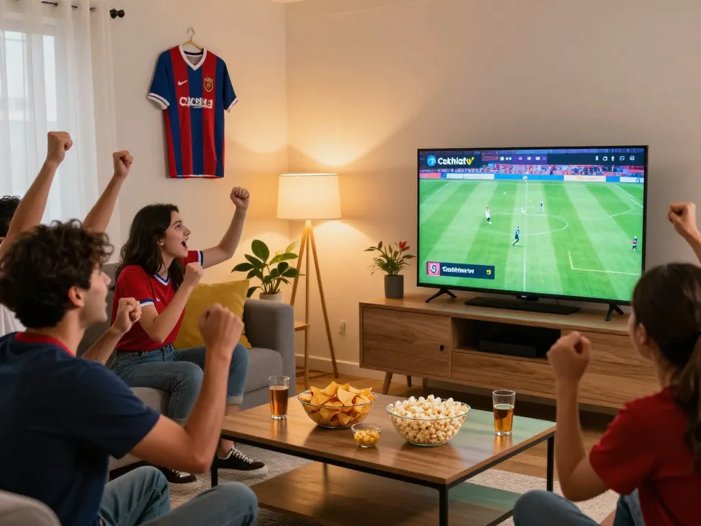 Cakhiatv live football viewing party with friends enjoying a match in a vibrant home setting.