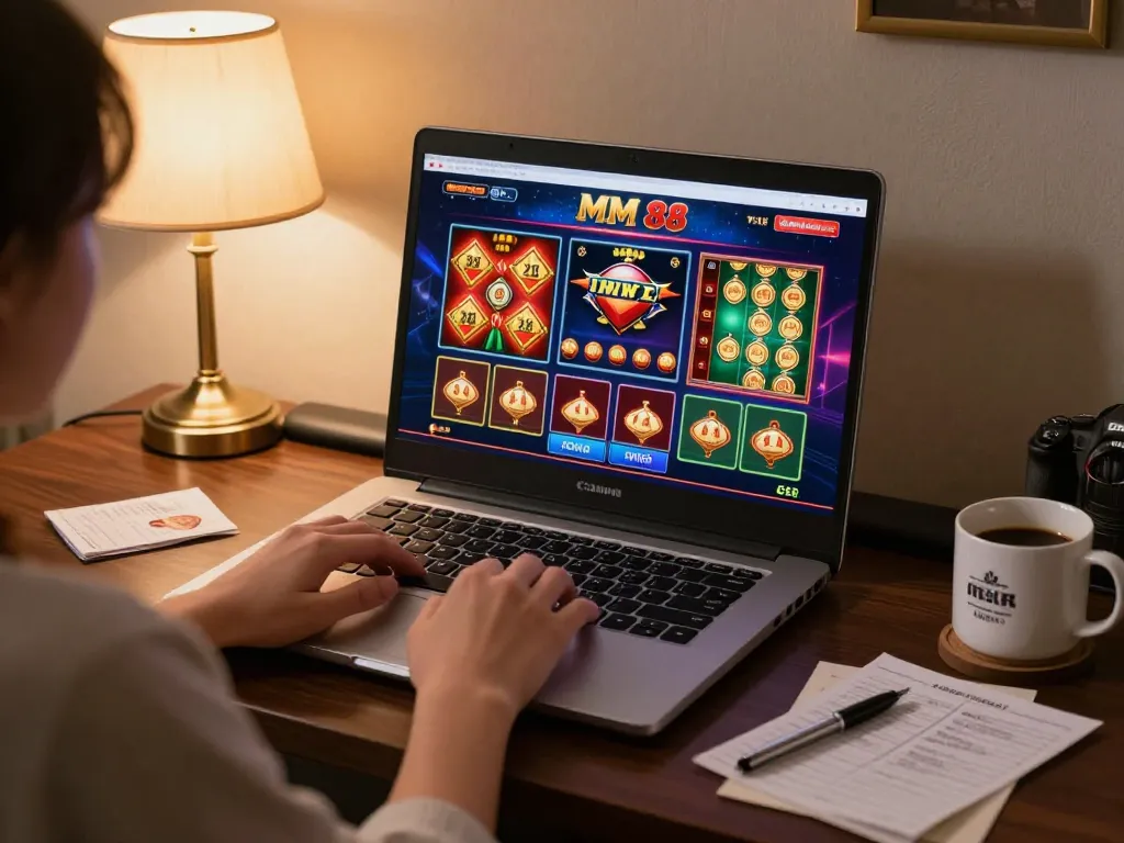 Engaging in MM 88 online gambling with a laptop at home, showcasing virtual games in a cozy setting.