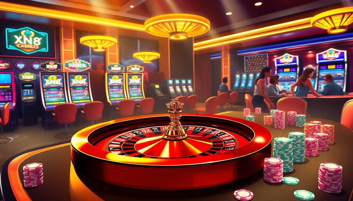Players enjoying a lively gaming experience at XN88's luxurious casino atmosphere with roulette and poker tables.