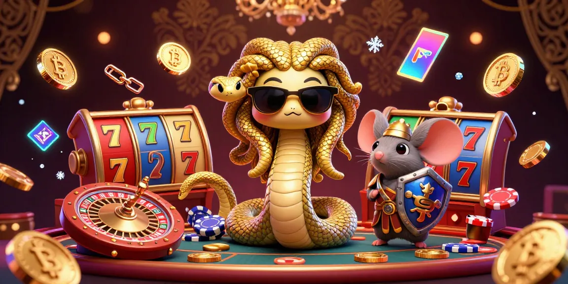 Experience thrilling gameplay at At77 with friendly Medusa and fun casino elements in a vibrant 3D illustration.