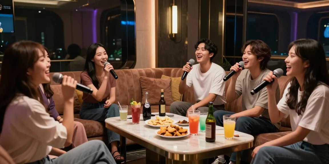 강남쩜오 프리미엄 가라오케에서 즐거운 시간을 보내는 친구들