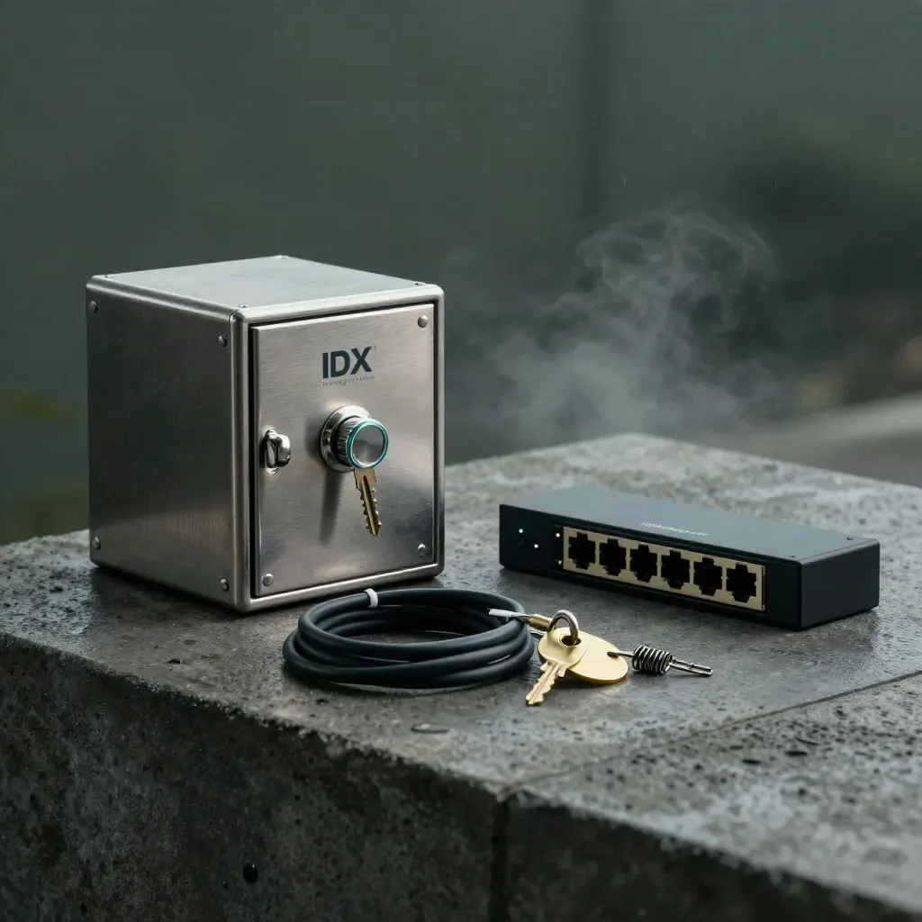 Brushed-steel lockbox with network switch, ethernet cable, brass tags and clips on dark slate.