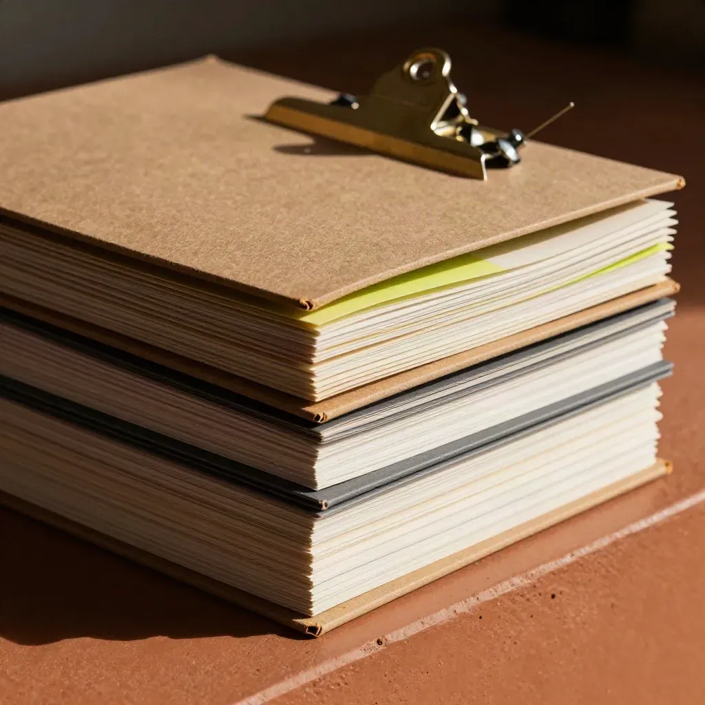 Brass clip and pushpins on neatly stacked brokerage folders over terracotta clay