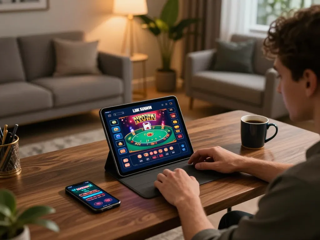 Engaging gameplay on LINK SUNWIN app at home with tablet displaying vibrant poker action