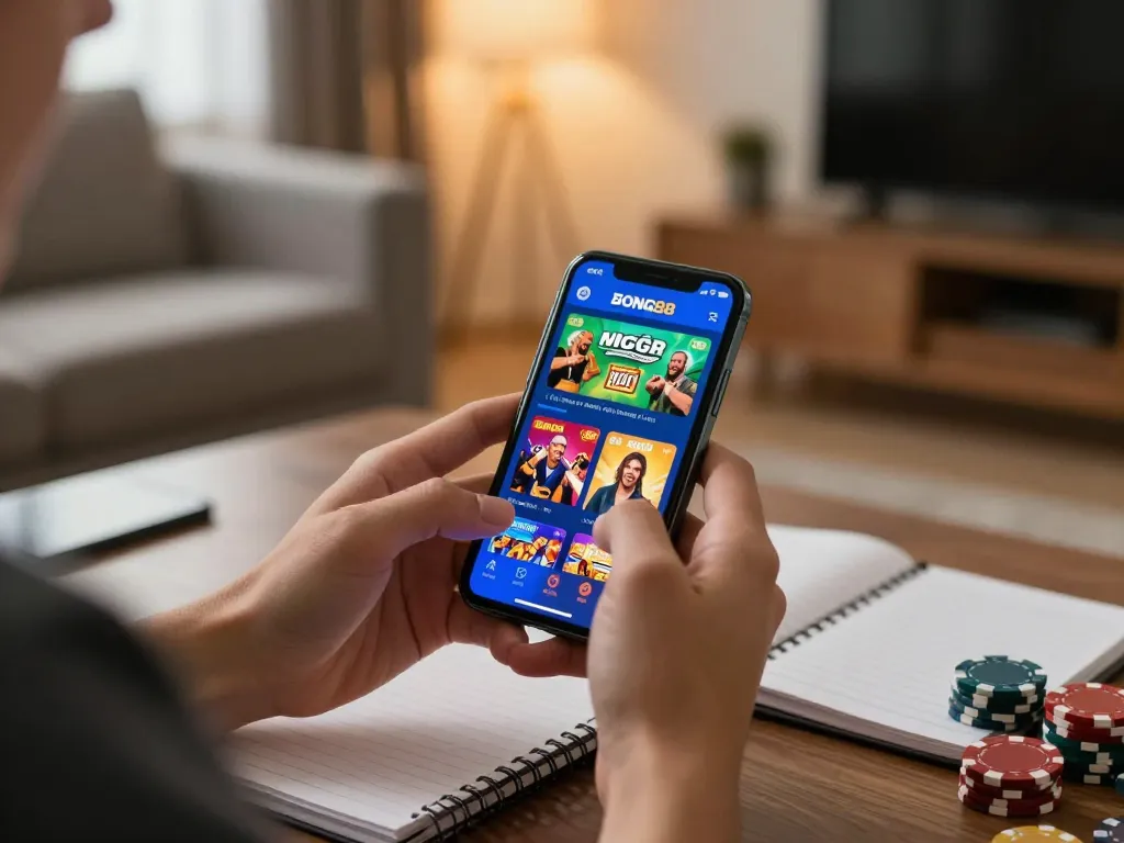 Engaging with BONG88 casino app on smartphone in a cozy home setting