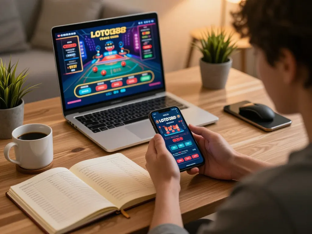 Engaged user navigating LOTO188 TRANG CHỦ for a seamless online betting experience at home.