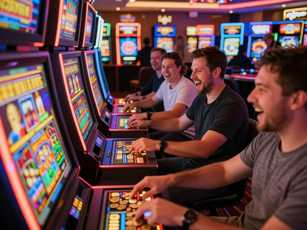 Engaged players enjoying exciting slot77 games at vibrant casino, celebrating wins amid neon lighting