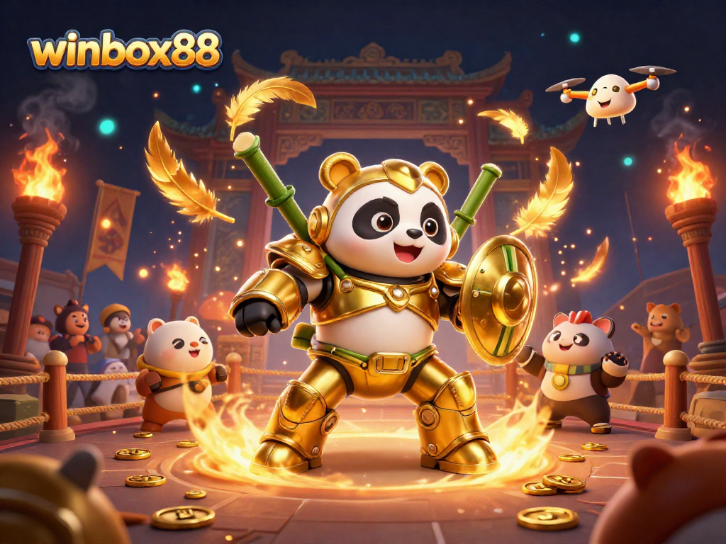 Experience thrilling gameplay at winbox88 with a golden panda in a mech-suit amidst a vibrant festival atmosphere.