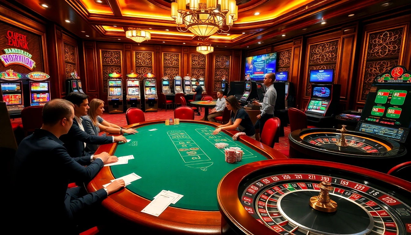 Gamble at k88win with vibrant poker tables and thrilling slot machines in a luxurious casino.