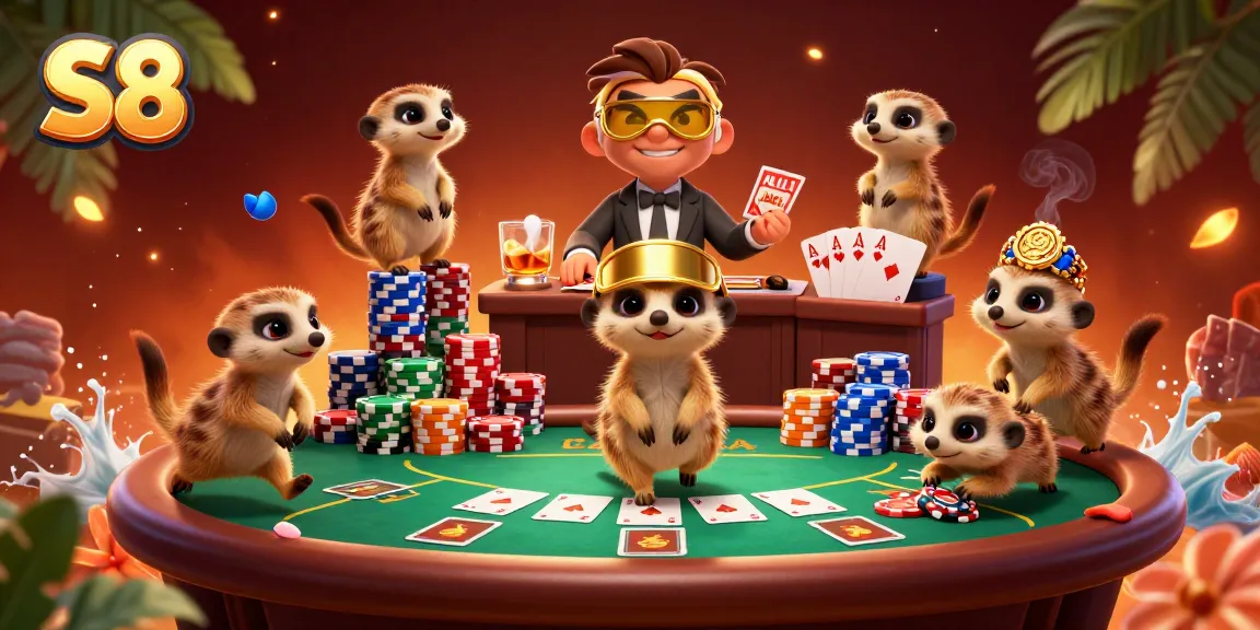 Experience thrilling moments at S8 casino with meerkats managing a vibrant poker game scene.
