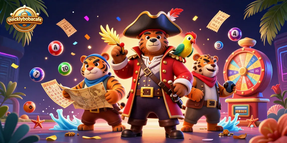 Play thrilling games at quicklybobacafe with pirate characters amidst vibrant lottery elements.