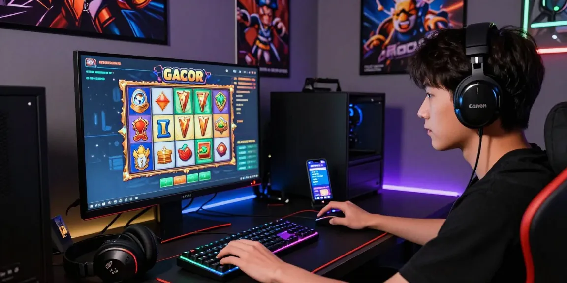 Pengguna bermain slot gacor di layar besar dengan aksesori gaming lengkap di ruang yang dinamis.