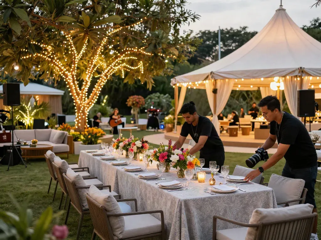 Event rentals setup with luxurious tables and décor at an elegant outdoor venue