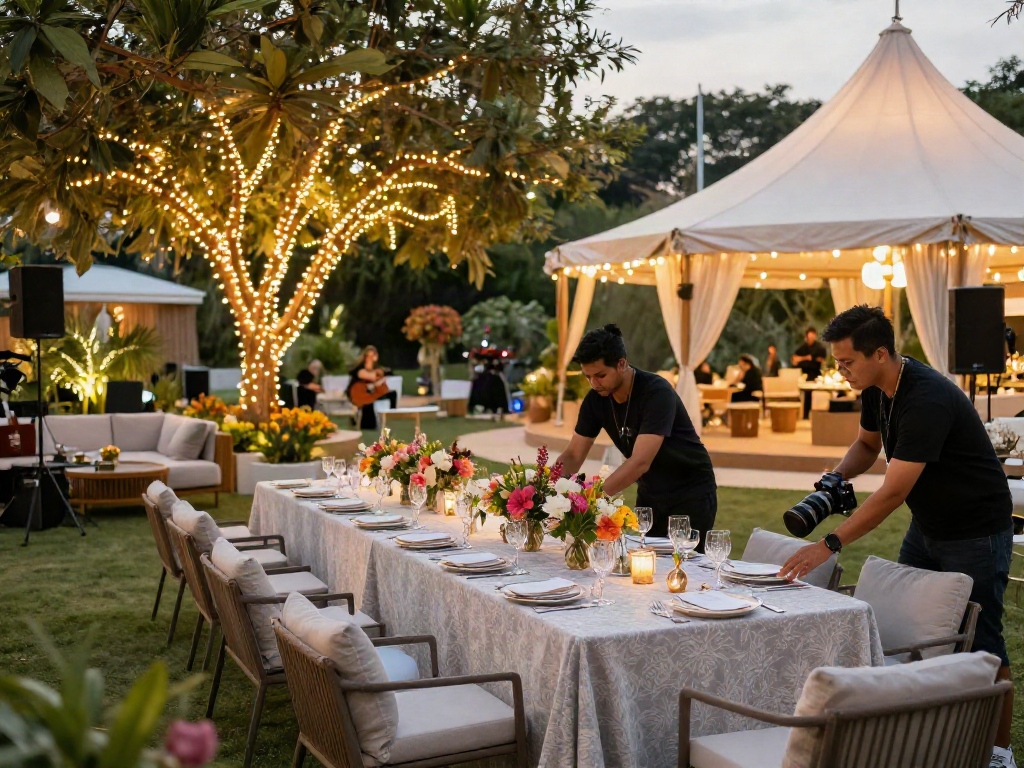 Event rentals setup with luxurious tables and décor at an elegant outdoor venue