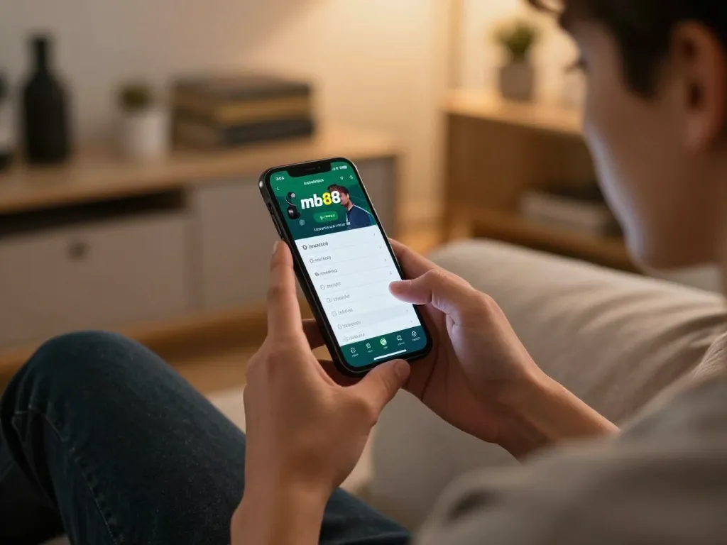 Engaged player using mb88 app on smartphone for strategic sports betting in cozy living room.
