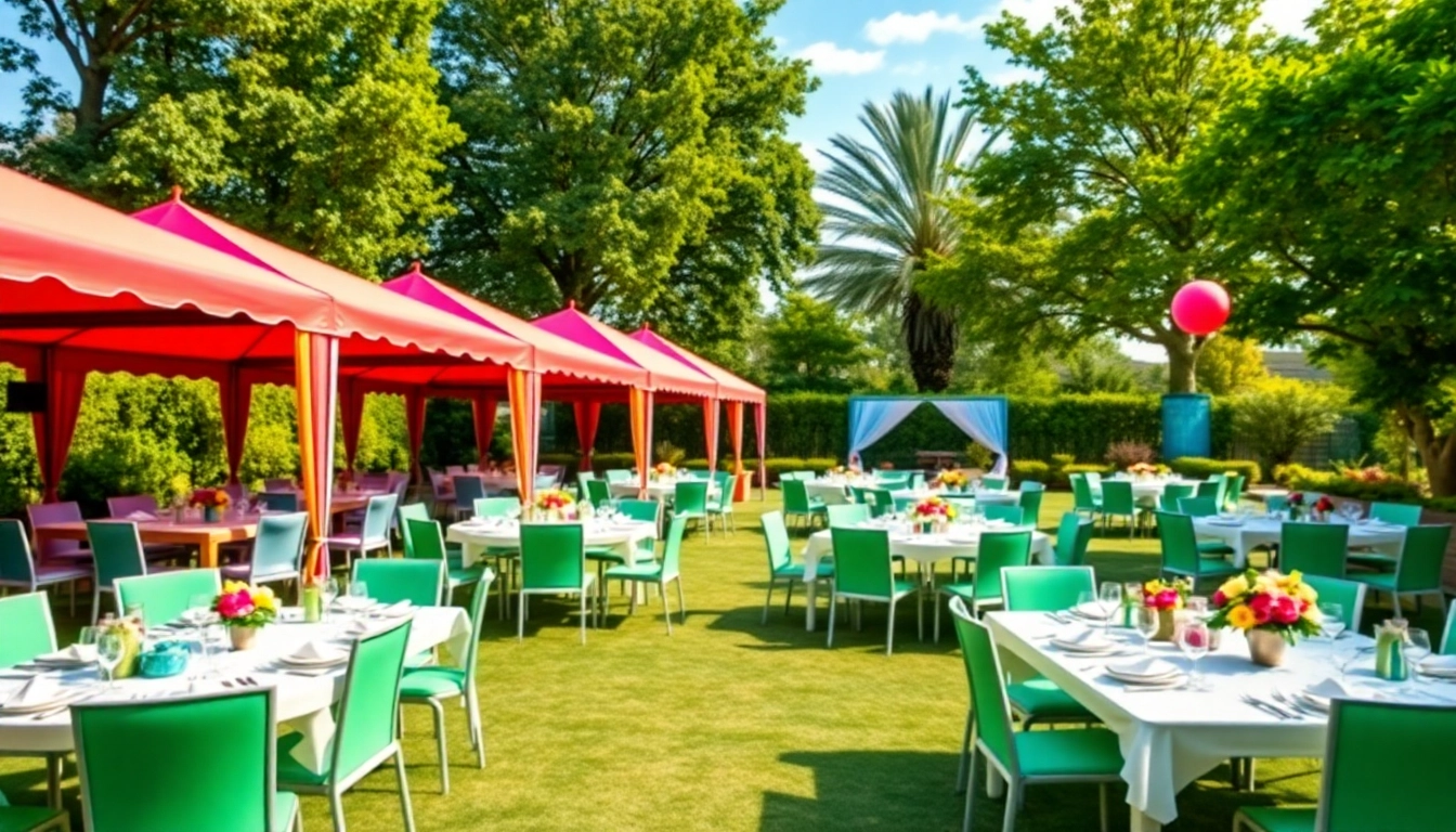 Party Rentals Near Me offering a vibrant outdoor garden setup with colorful tents and decorations.