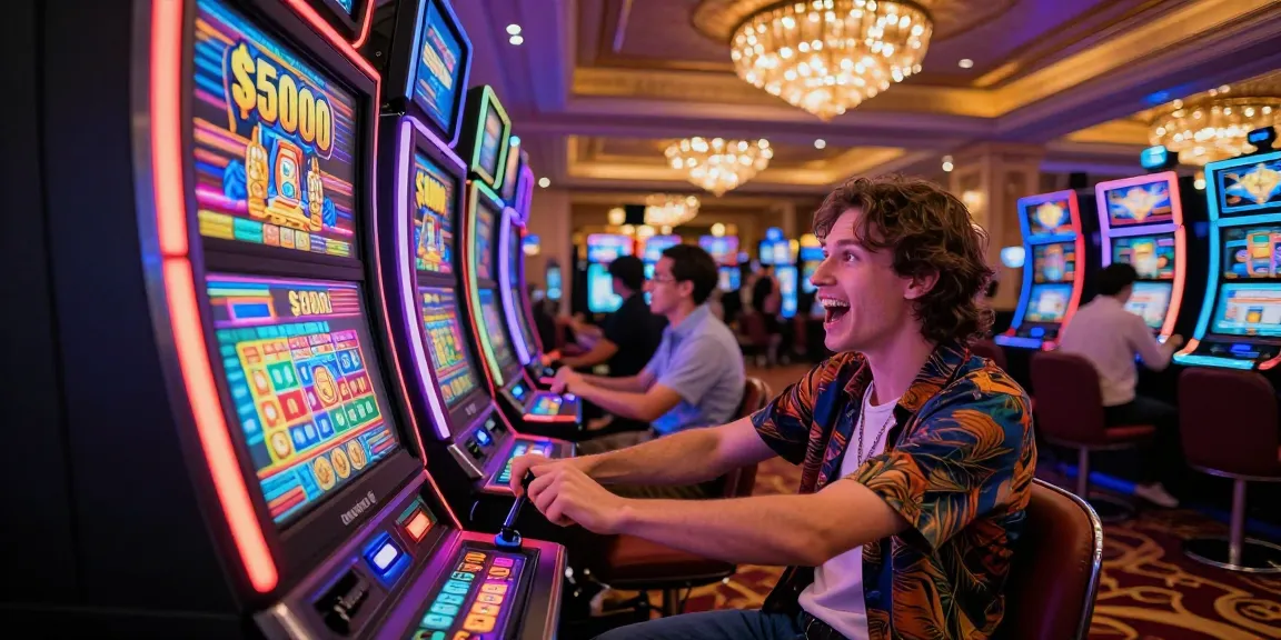 Player at a $5000 slot machine in a lively casino, showcasing excitement and luxury in the gaming experience.