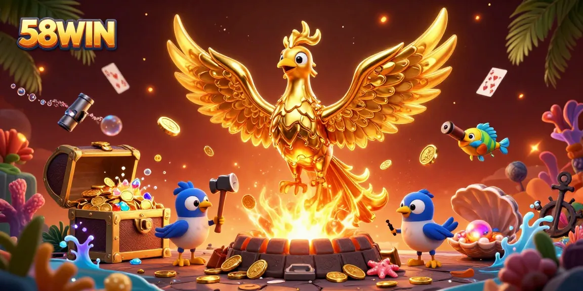 Experience thrilling moments with 58WIN’s golden phoenix and vibrant casino treasures.